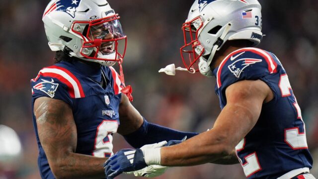 New England Patriots wide receiver Stefon Diggs and running back TreVeyon Henderson